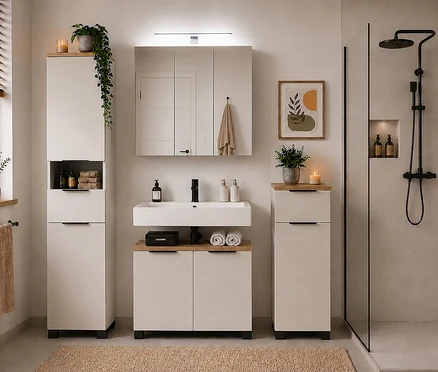 Modernes Badezimmer mit hellen Möbeln. Links und rechts vom Waschtisch stehen zwei Hochschränke »Saga«. Der Waschtisch hat ein weißes Waschbecken, darüber hängt ein Spiegelschrank. Rechts ist eine Duschkabine.