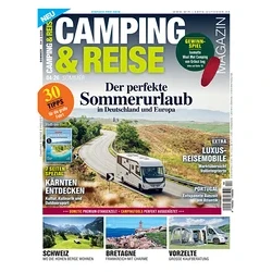 Magazincover „Camping & Reise“ mit weißem Wohnmobil auf kurviger Straße in hügeliger Landschaft. Hauptartikel: „Der perfekte Sommerurlaub in Deutschland und Europa“. Unten drei Bilder: Berge, Leuchtturm, Camper mit Vorzelt.