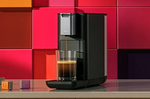 Eine schwarze Kaffeemaschine gießt Kaffee in ein Glas, mit zwei Kaffeekapseln daneben.
