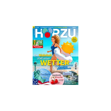 HÖRZU Magazincover: Lächelnde Frau in blauem Badeanzug läuft mit Sonnen-Schwimmring am Strand. Hauptthema: "Die Wahrheit über unser Wetter".