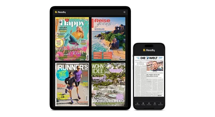 Ein Tablet und ein Smartphone zeigen die Readly App. Auf dem Tablet sind Magazincover wie "Happy", "Reise Genuss", "RUNNER'S" und "WOHN IDEE" zu sehen. Das Smartphone zeigt die Zeitung "DIE WELT".