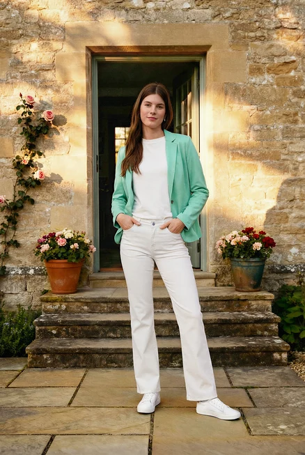 Eine Frau steht vor einer Steintreppe, trägt eine grüne Jacke, ein weißes Basic T-Shirt, eine cremeweiße Bootcut Jeans ‒ Fit »Lou« und Leder-Sneaker. Sie trägt Creolen Wave.