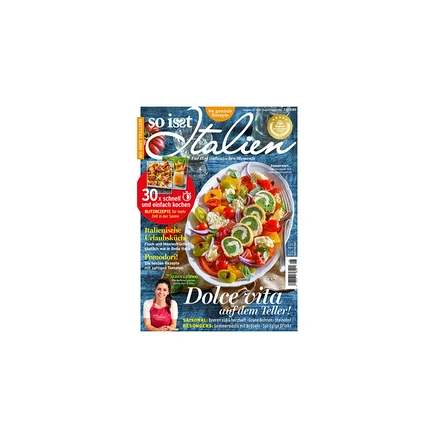 Magazincover „so isst Italien“ mit buntem Salat aus Tomaten, Käse und grünen Röllchen auf weißem Teller, lächelnde Frau.