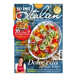 Magazincover „so isst Italien“ mit buntem Salat aus Tomaten, Käse und grünen Röllchen auf weißem Teller, lächelnde Frau.