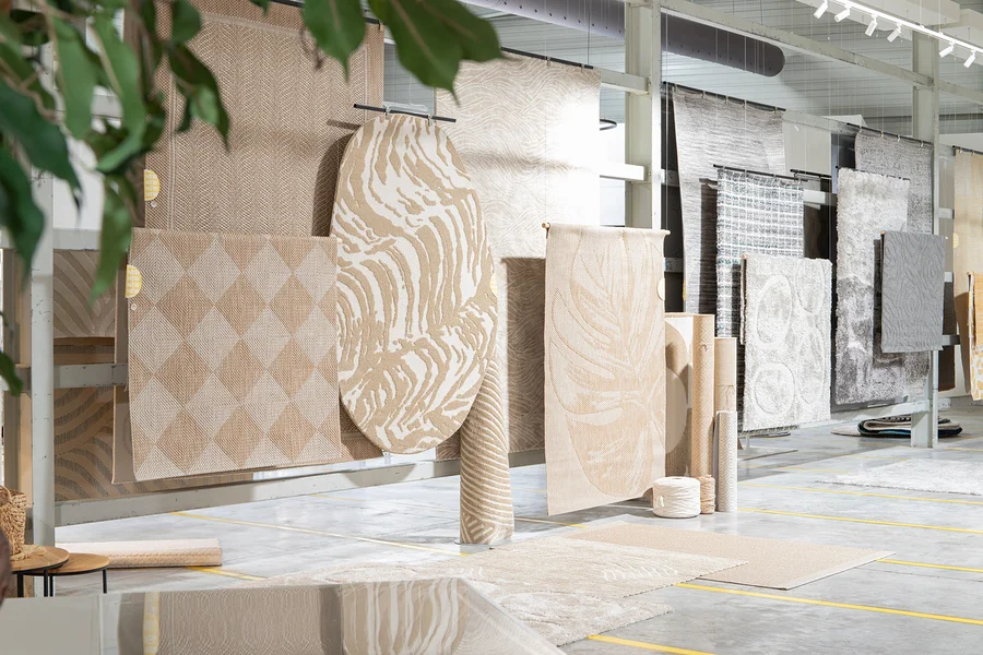 Verschiedene Teppiche hängen und liegen in einem Ausstellungsraum. Darunter ein Woood Teppich »Praline« 200 cm, nougat.