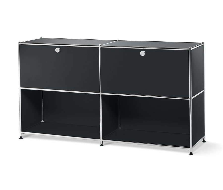 Schwarzes Metall-Sideboard mit 2 versetzbaren Klappenfächern.