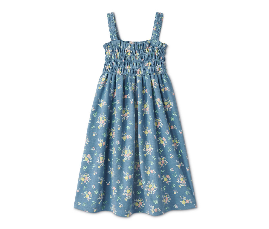 Blaues Trägerkleid mit Blumenmuster.