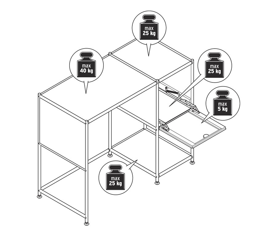 Zeichnung eines Schreibtischs Metall »CN3« mit Klapptür, mit Markierungen zum maximalen Gewicht.