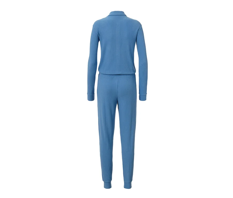 Blauer gerippter Loungeoverall mit langen Ärmeln.