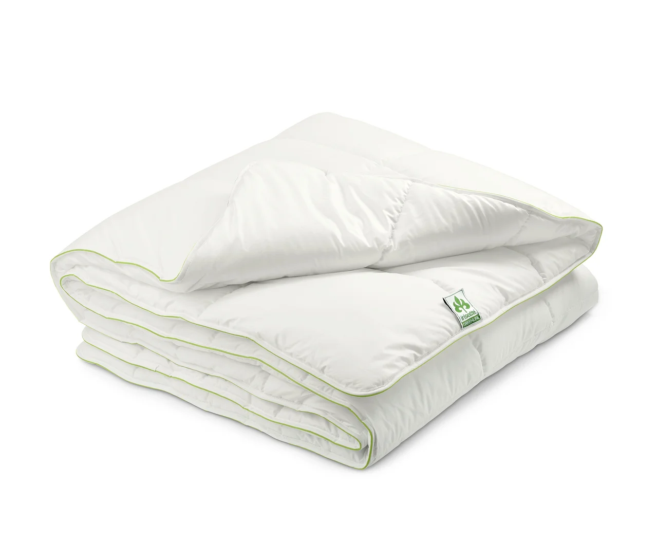 Gefaltete weiße irisette® greenline Thermobett mit grüner Bordüre.