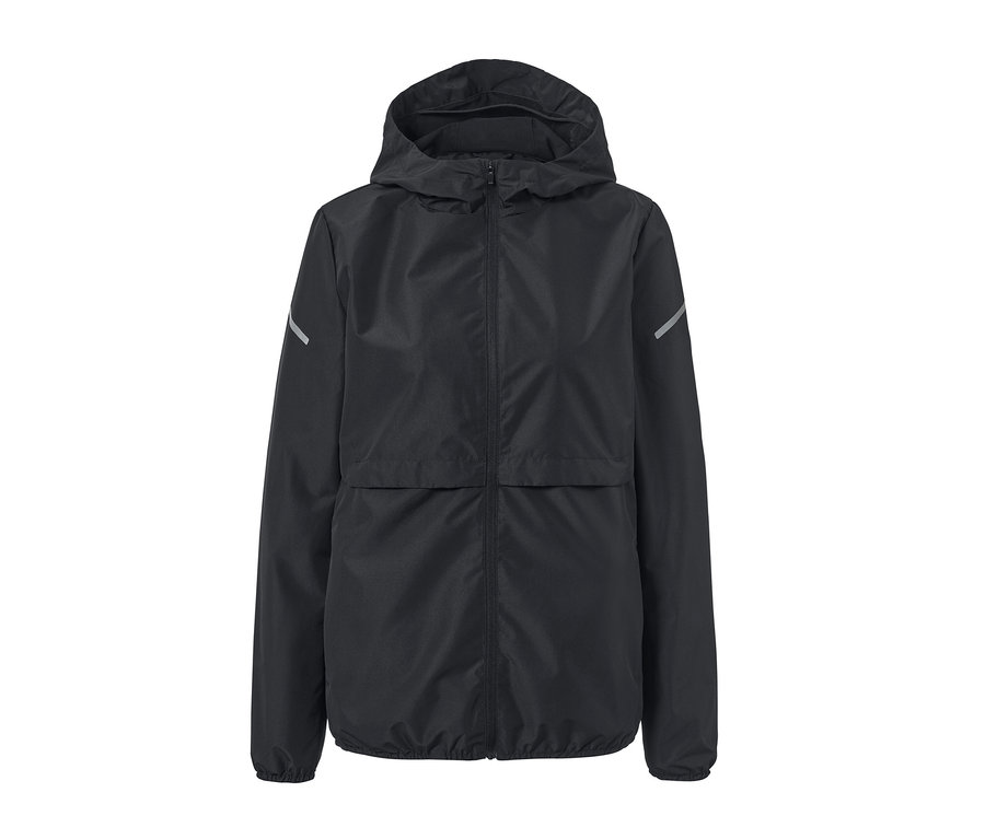 Schwarze Windprotection-Laufjacke mit Kapuze.