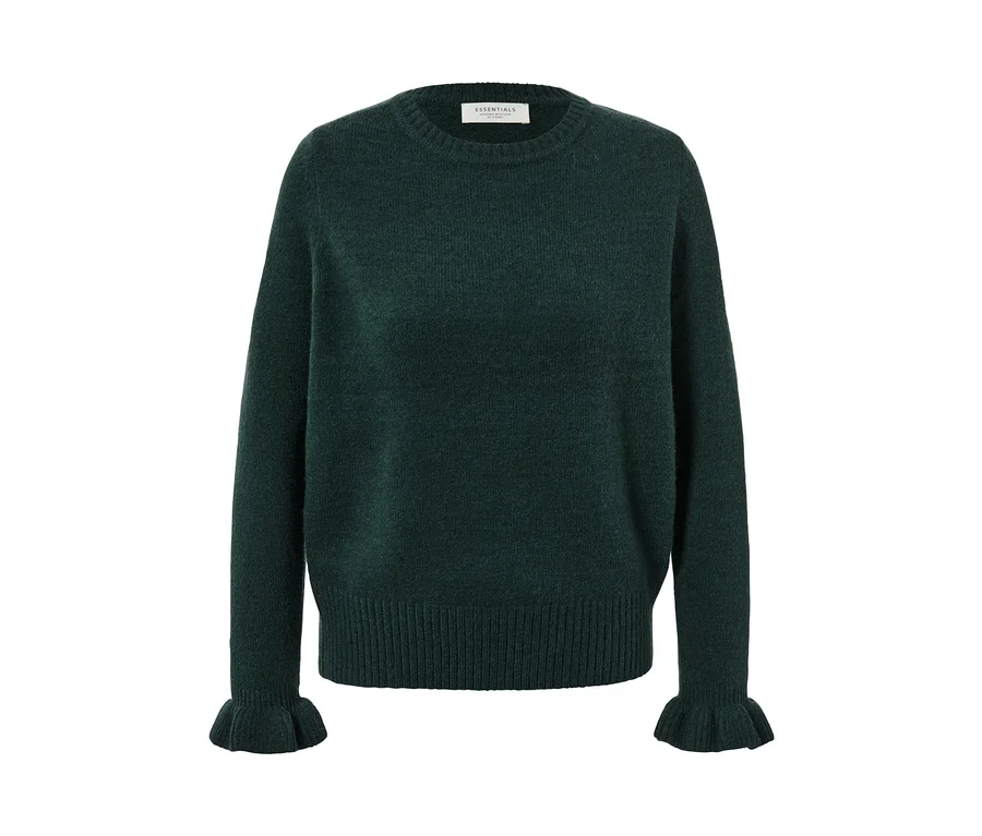 Dunkelgrüner Strickpullover mit Rüschendetail.
