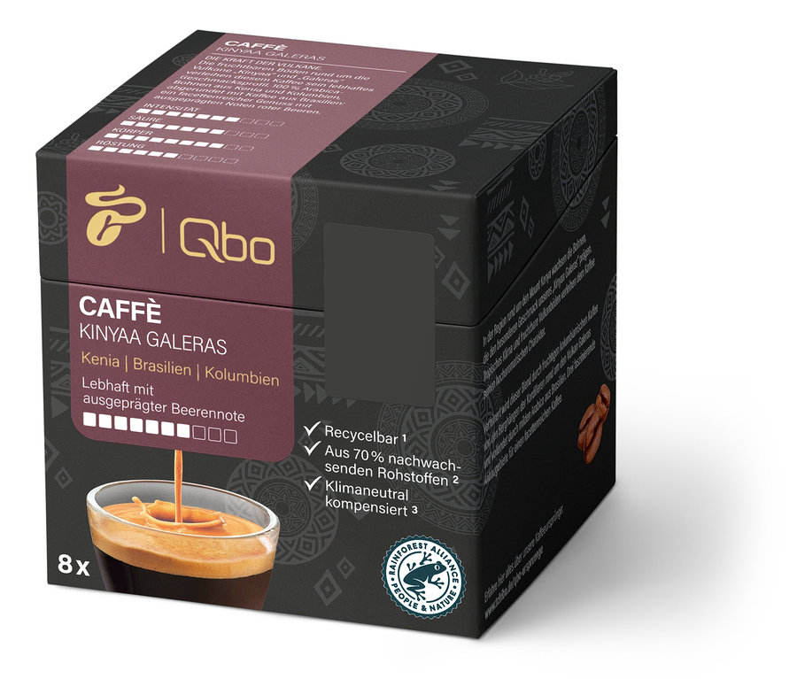 Eine Packung Qbo Caffè KINYAA GALERAS mit 8 Kapseln.
