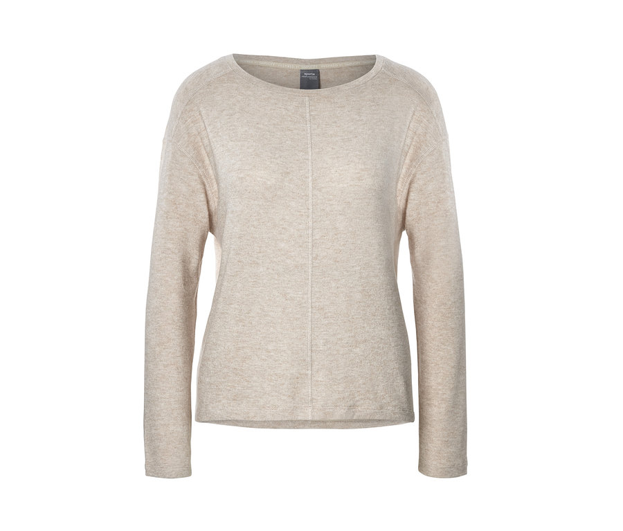 Ein beiger Sweat-Pullover mit langen Ärmeln.