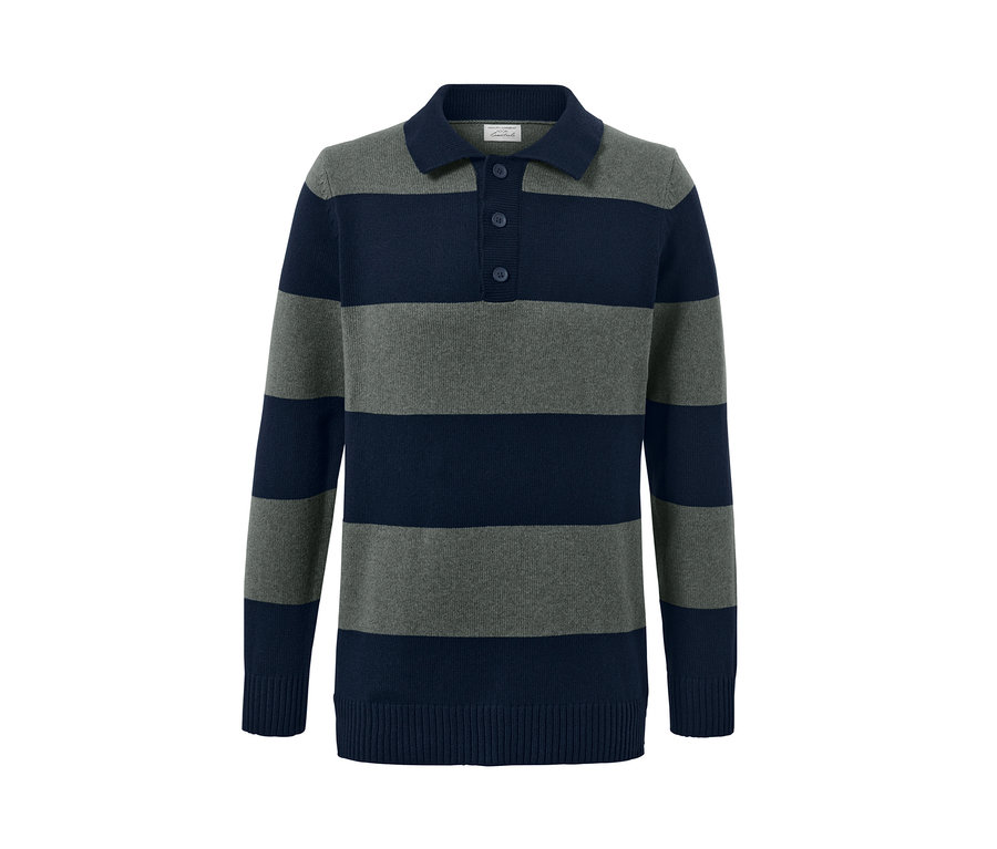 Gestreifter Pullover in Grau und Dunkelblau.