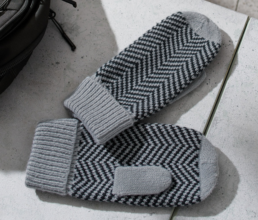 Auf einem Tisch liegen Strick-Fäustlinge, daneben ein Rucksack und eine Wasserflasche.