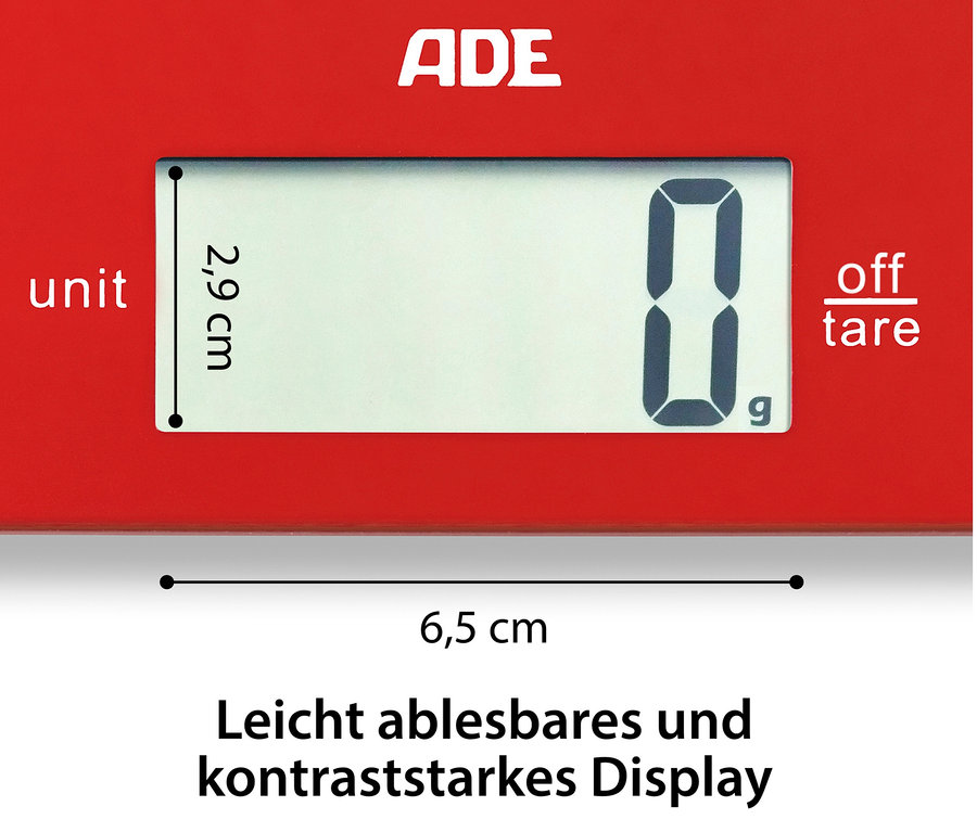 Detailansicht der roten ADE Digitalen Küchenwaage »Leonie«, die 0 g anzeigt.