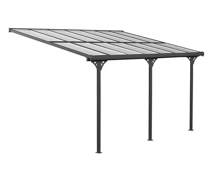Anthrazitfarbene Terrassenüberdachung, Breite ca. 435 cm.
