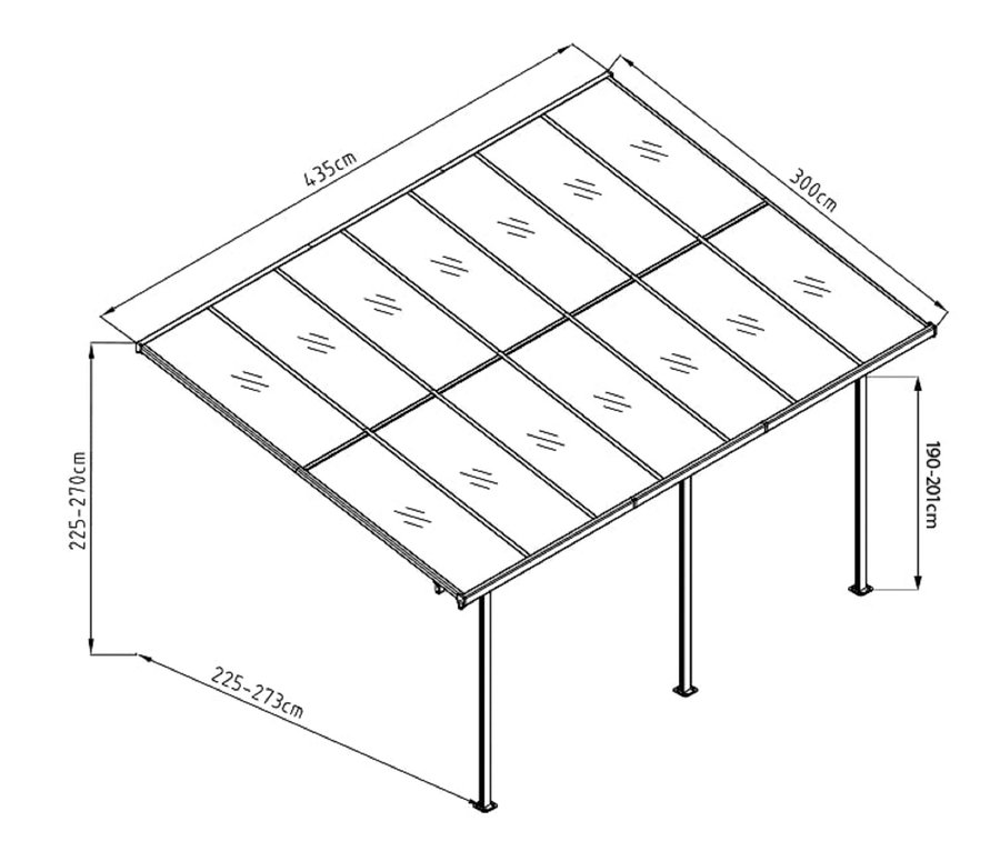 Skizze einer anthrazitfarbenen Terrassenüberdachung mit einer Breite von ca. 435 cm.