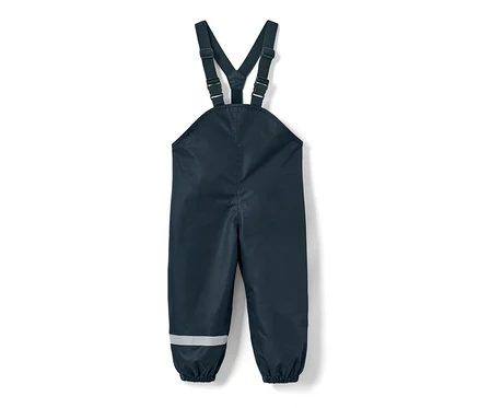 Dunkelblaue Kinder-Regenhose mit reflektierendem Streifen am Hosenbein.