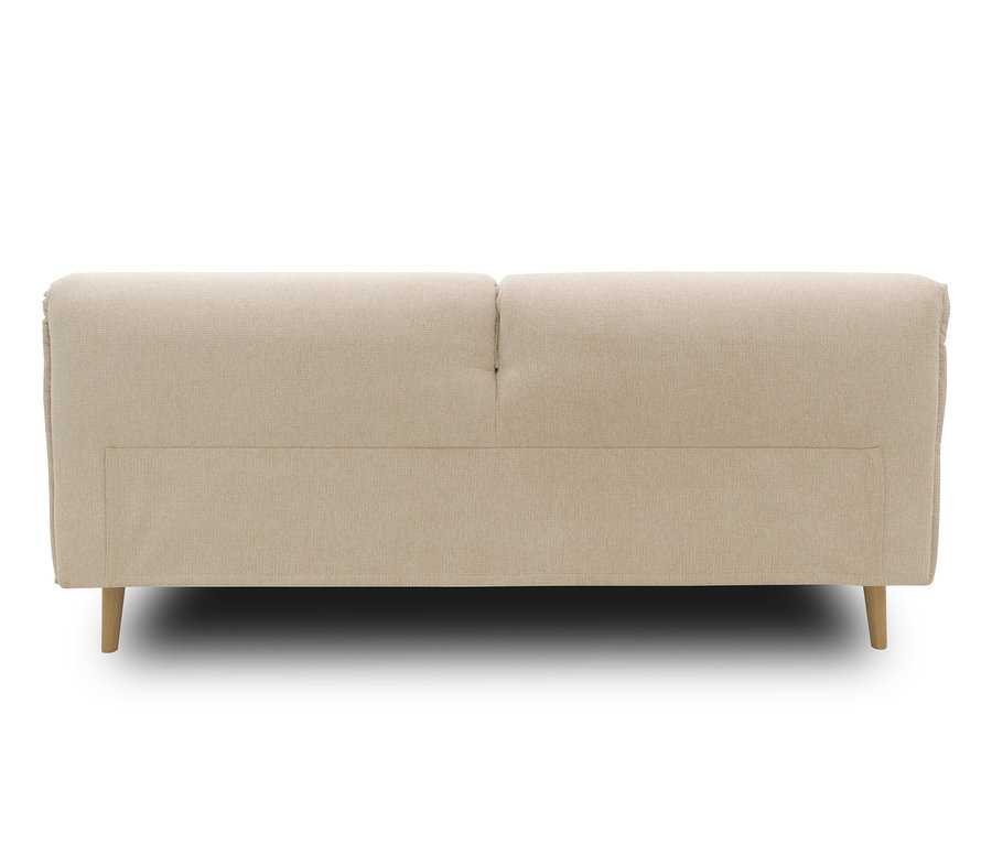 Rückansicht eines beigen Boxspringbettes mit Holzfüßen.