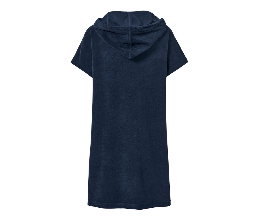 Blaues Frottee-Strandkleid mit Kapuze von hinten.