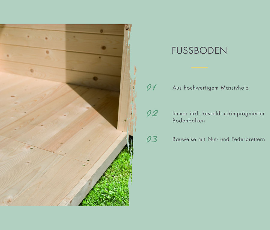 Boden der Karibu Fasssauna »Nadi 2« aus Massivholz.