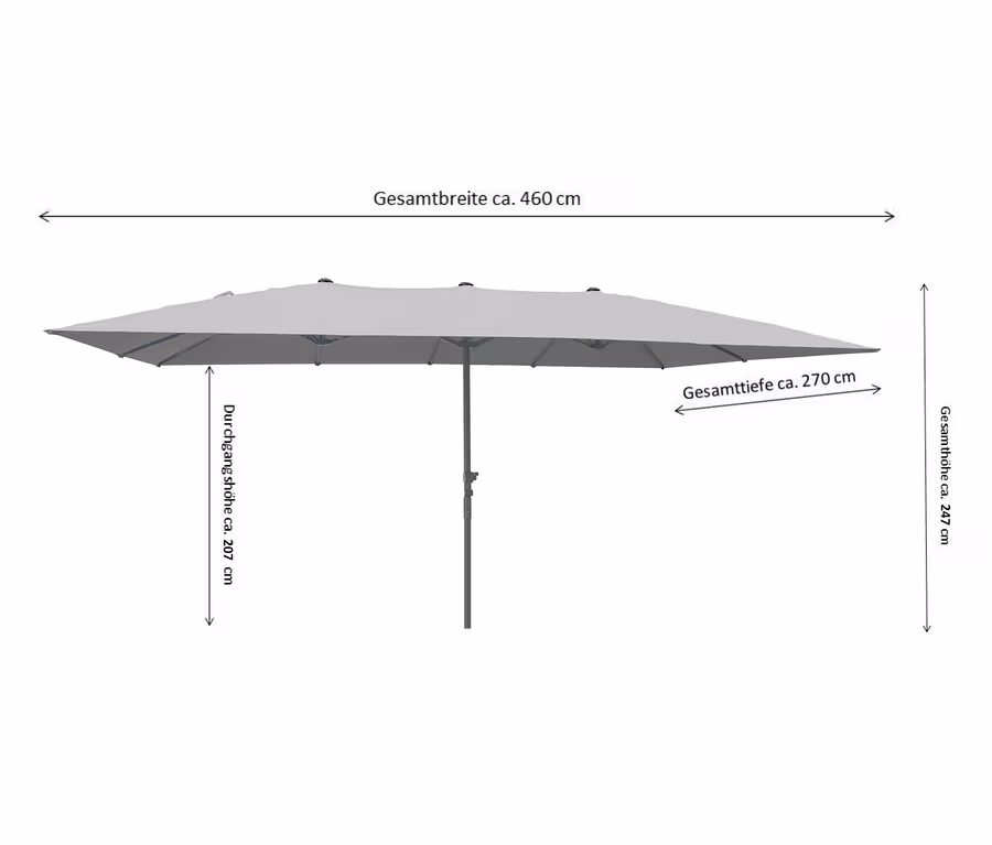 Schema eines hellgrauen Leco Doppelsonnenschirms, 270 x 460 cm (exkl. Schirmständer) mit Maßangaben.