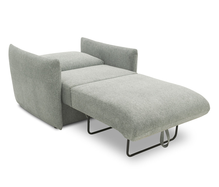 Graues DOMO collection Schlafsofa 1-Sitzer »Helsinki« als Einzelsitz mit ausgeklappter Liegefläche und Metallgestell.