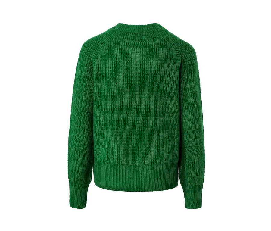 Rückansicht eines grünen Strickpullovers.