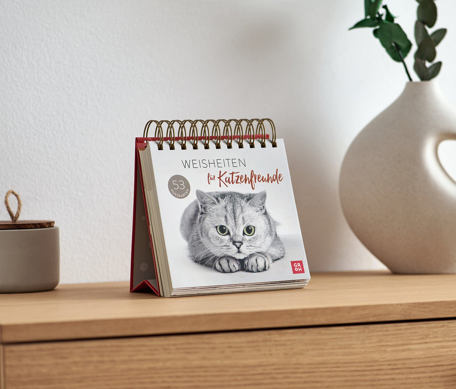 Auf einem Tisch steht der Aufsteller »Weisheiten für Katzenfreunde«.