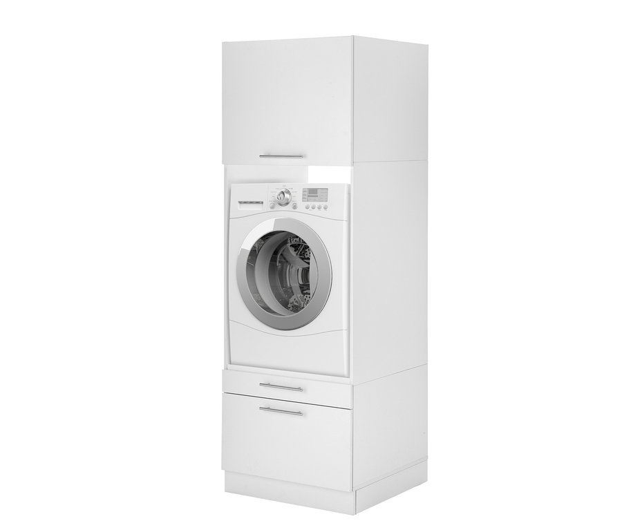 Eine weiße Waschmaschine befindet sich in einem Respekta Waschmaschinenschrank.