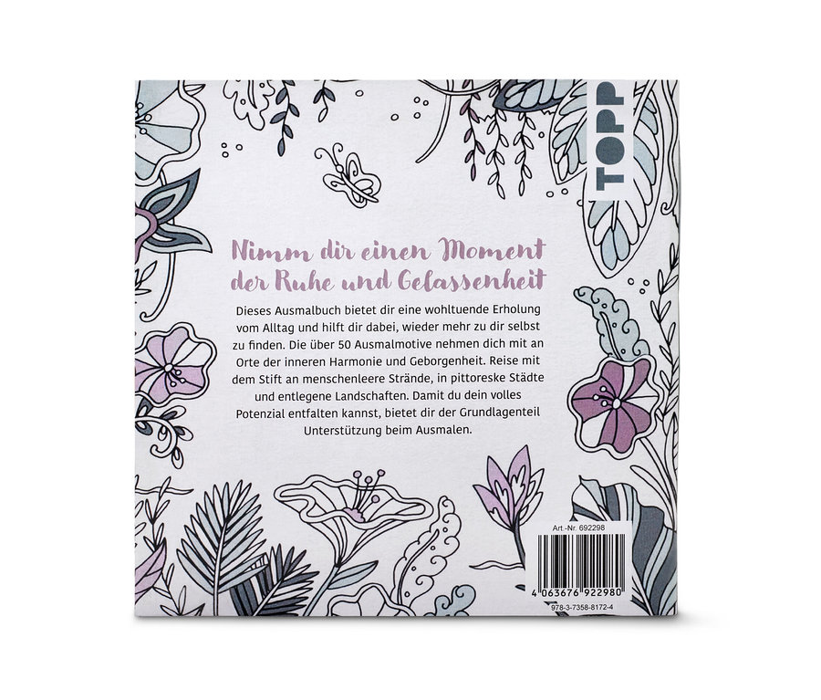 Das Cover des Buchs "Oase der Ruhe – ausmalen und entspannen" mit floralen Illustrationen.