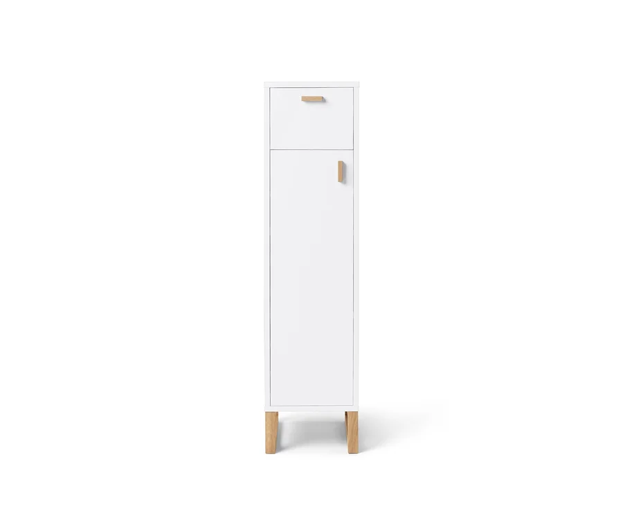 Schmaler Bad-Beistellschrank mit Schublade, Tür und Holzfüßen.