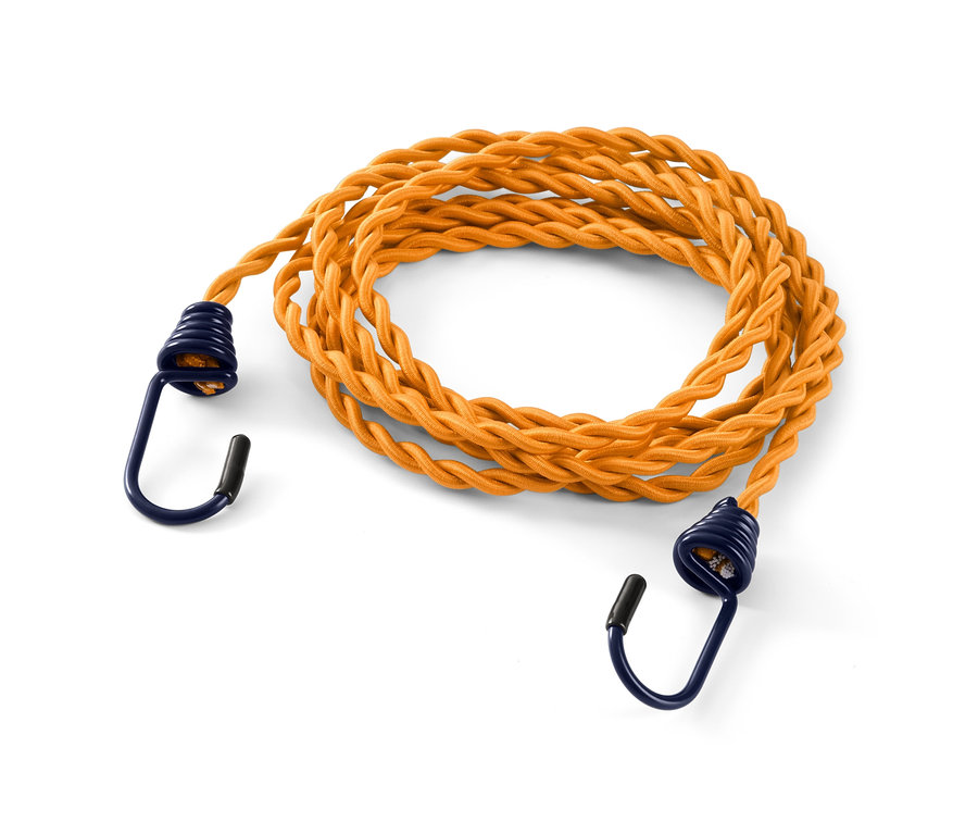 Orange Camping-Wäscheleine mit blauen Haken.
