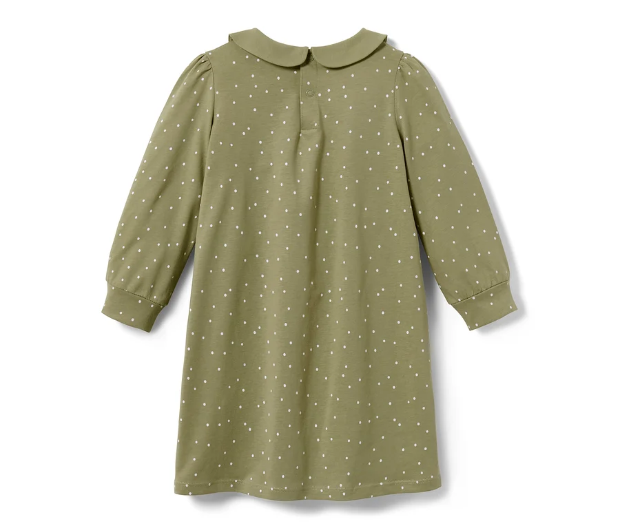 Rückansicht eines olivgrünen Kleinkinder-Jerseykleids mit weißen Punkten.