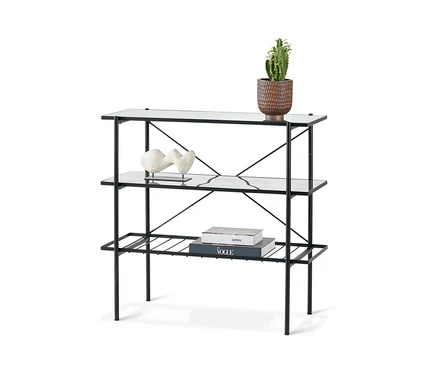 Schwarze Konsole, Breite ca. 90 cm, mit Glasböden und Dekorationen.