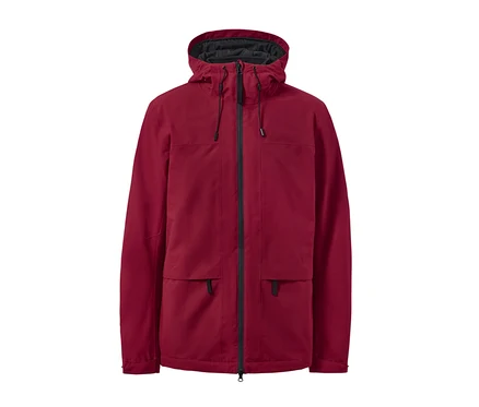 Eine rote Outdoorjacke mit Weste mit einem Reißverschluss in der Mitte.