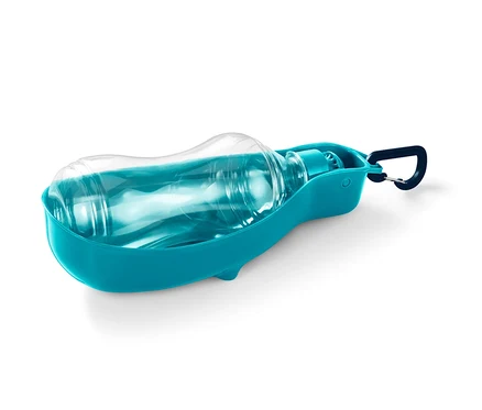 Türkisblaue Hunde-Trinkflasche mit integrierter Trinkschale.