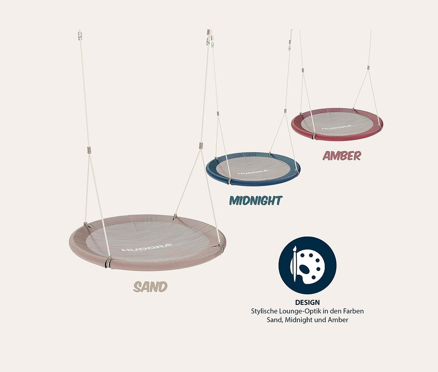 Drei HUDORA Nestschaukel »Lounge«, beige, Ø 110 cm Hängesessel in Sand, Midnight und Amber hängen von der Decke.