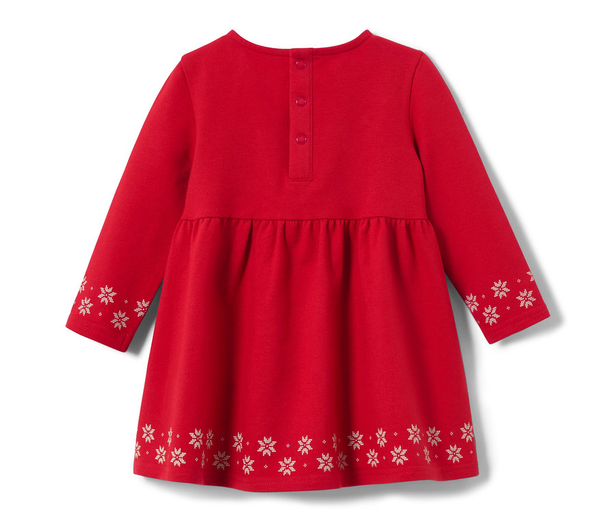 Rotes Kinder-Sweatkleid mit langen Ärmeln und Schneeflockenmuster.
