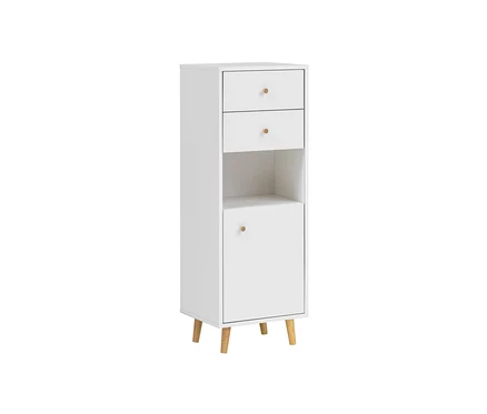 Weißes Highboard »Bjarne«, klein, mit zwei Schubladen über einem offenen Regal und einem Schrankfach unten.