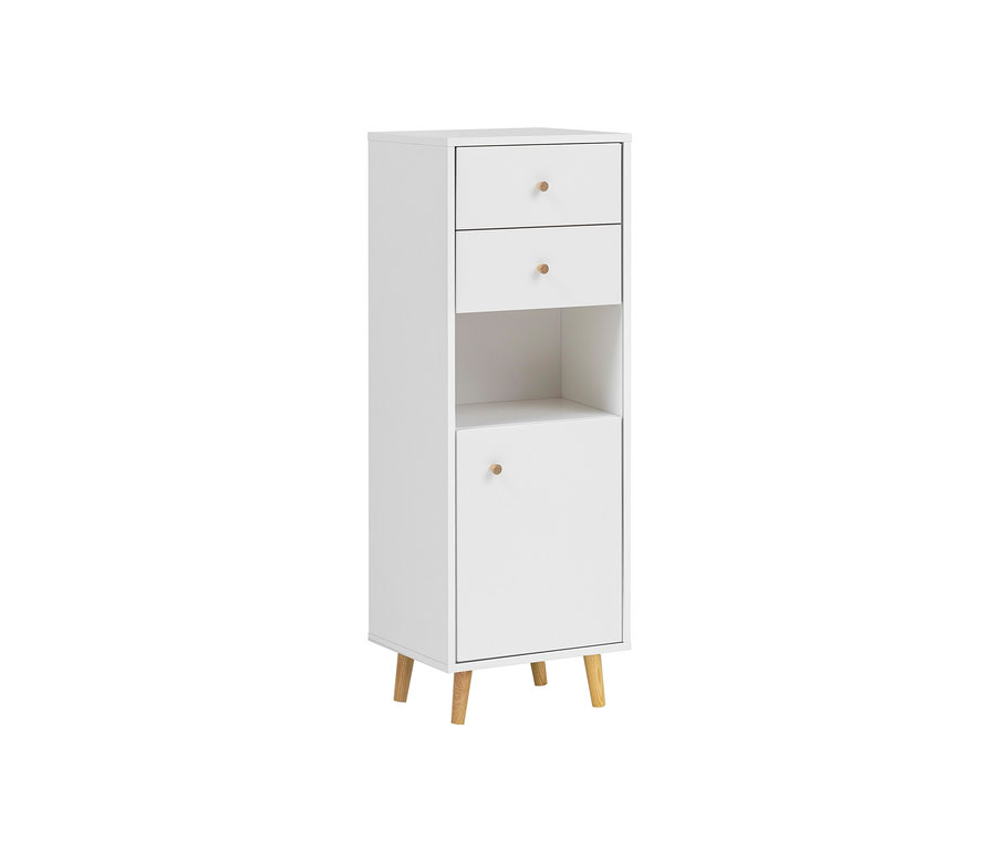 Weißes Highboard »Bjarne«, klein, mit zwei Schubladen über einem offenen Regal und einem Schrankfach unten.