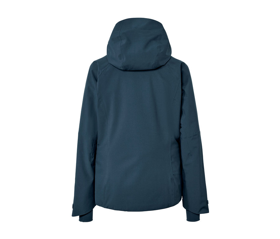 Rückansicht der marineblauen Skijacke mit Kapuze.