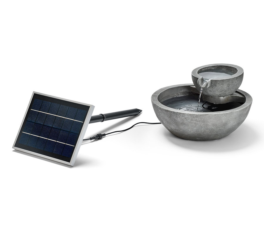 Solar-Gartenbrunnen mit zwei Ebenen und Panel.