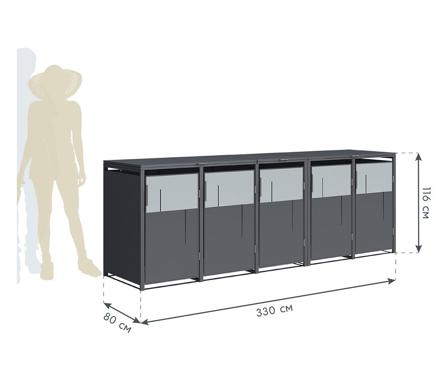 Graue Mülltonnenbox für 5 Tonnen mit Maßskizze.