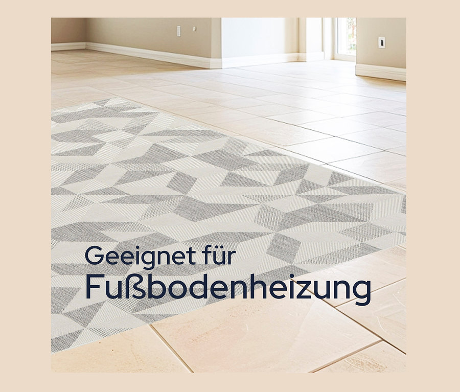 Innenraum mit beige farbigen Fliesen und faltbarem Outdoor-Teppich im Mosaik-Design, 280 x 400.