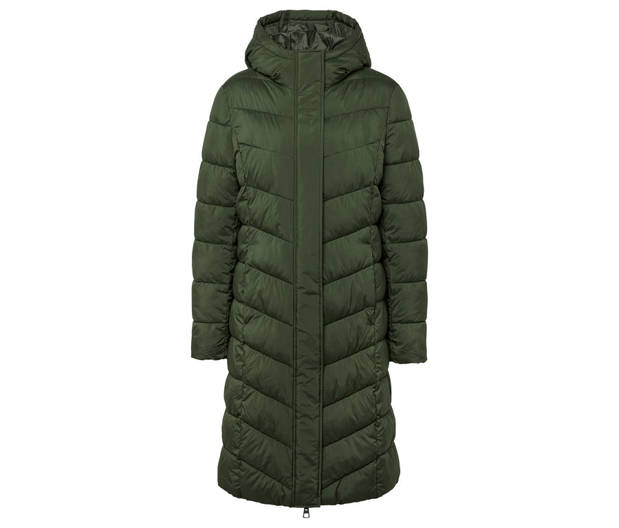 Grüne Steppjacke mit Kapuze.