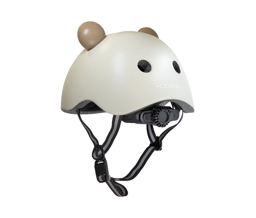 HUDORA Kinderhelm, Beary, 48–52 cm, in Weiß mit braunen Bärenohren und schwarzen Riemen.