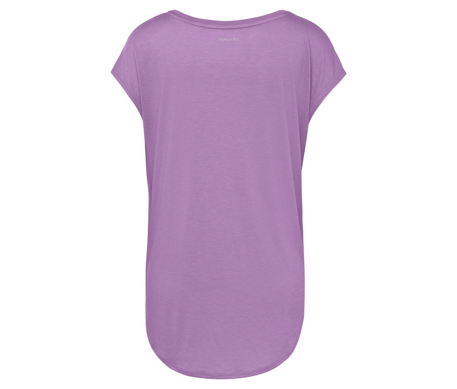 Ein lila T-Shirt mit kurzen Ärmeln und einem runden Halsausschnitt.